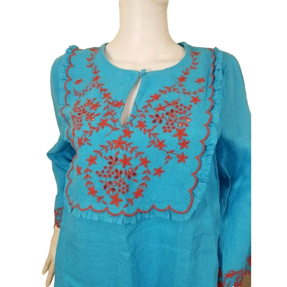 J. Crew Women's Size S Tunic Blouse Top Blue Embroidered Linen Relaxed Fit 30